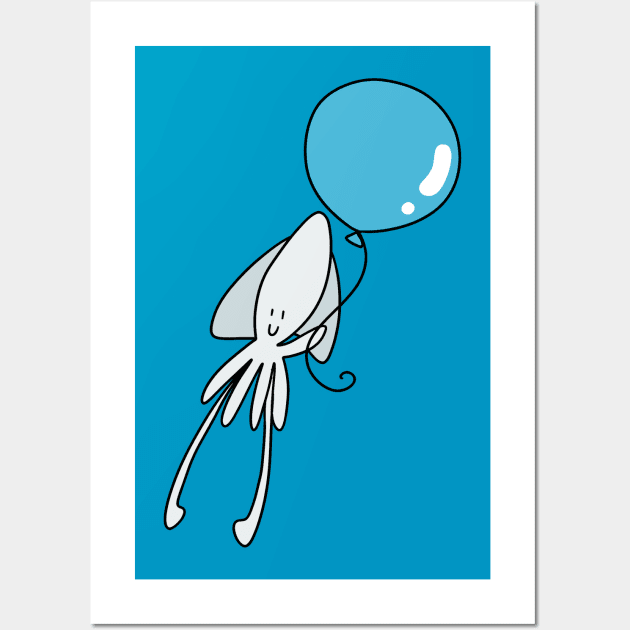 White Squid Blue Balloon Wall Art by saradaboru